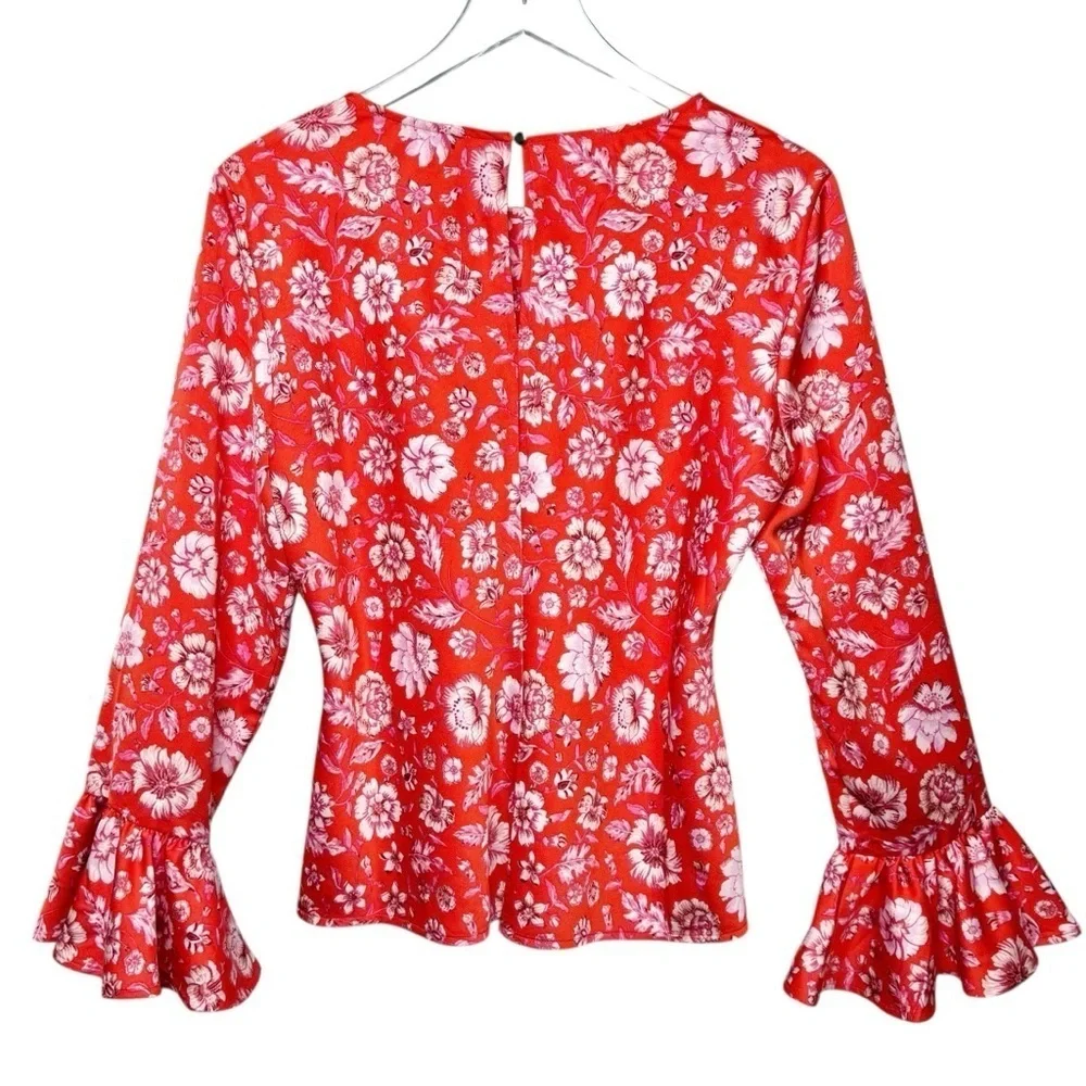J.Crew Winter Garden Red Floral Bell Sleeve Blouse Women’s Medium